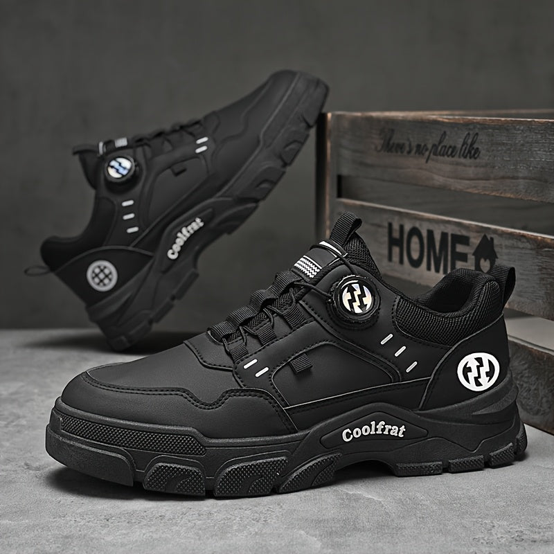 Men's Solid Color Skate Sneakers - Adjustable Rotating Buckle Straps, Slip-Resistant PVC Sole  Durable PU Upper, Low-Top Lace-Up Design for Hiking, Walking, Daily Wear - All-Season Casual Streetwear Shoes, Skate Shoes