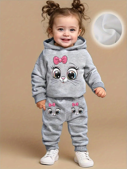 Infant Toddler Fleece Hoodie & Pants Set Cartoon Cat Casual