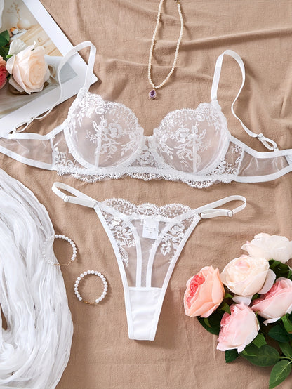 Women's Floral Embroidered Sheer Lingerie Set - XS to XXL