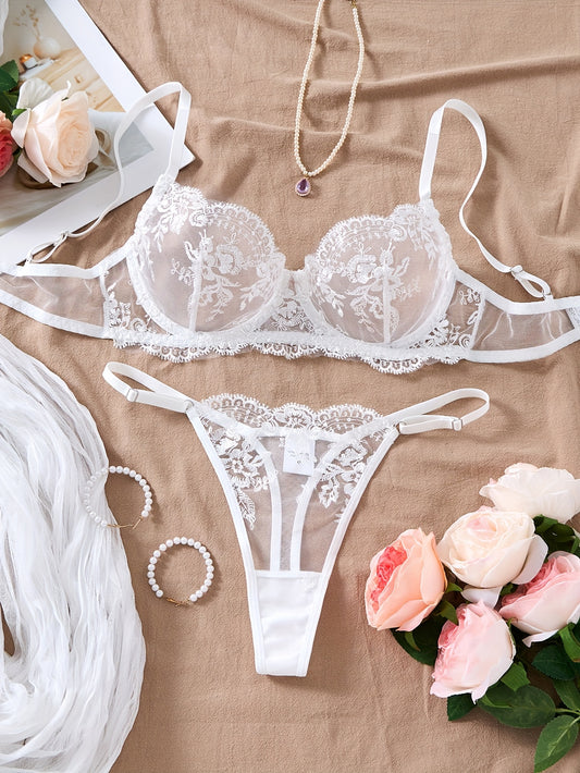 Women's Floral Embroidered Sheer Lingerie Set - XS to XXL
