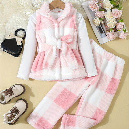 3pcs Plush Set Girl's Plaid Teddy Vest + Long-Sleeve Top + Teddy Pants, Casual outdoor Style Girls Winter/ Fall Clothes, Gift
