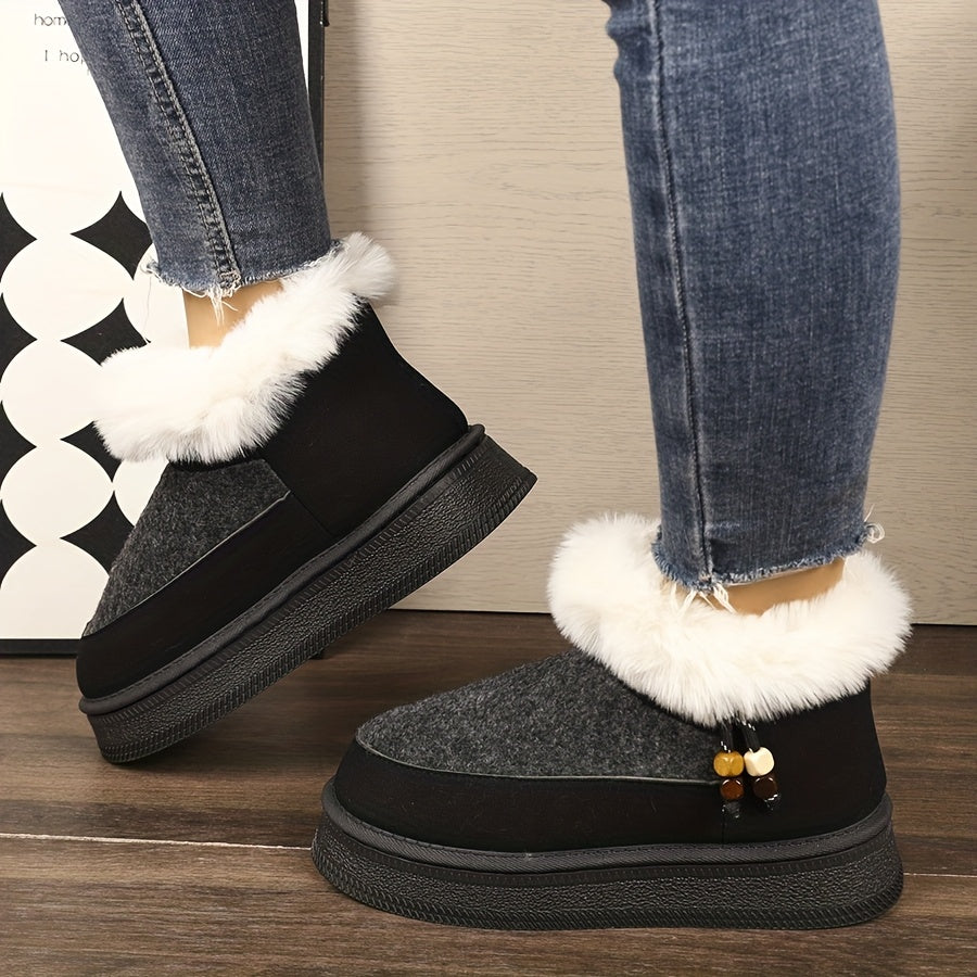 Women's Chunky Platform Winter Snow Boots with Plush Faux -Like Collar & Thick Rubber Sole - Beige/Dark Grey Round-Toe Traction for Ice, Snow, Slush - Cozy Casual & Formal Wear (Golden Buckle Accent)