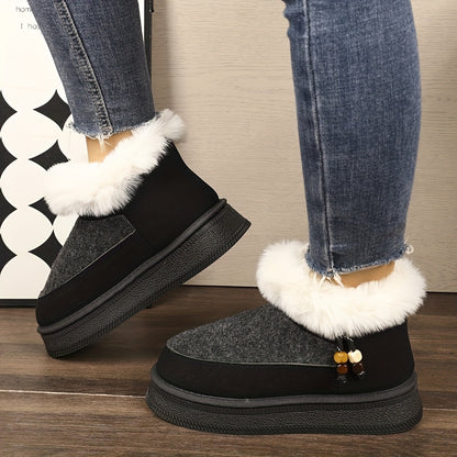 Women's Chunky Platform Winter Snow Boots with Plush Faux -Like Collar & Thick Rubber Sole - Beige/Dark Grey Round-Toe Traction for Ice, Snow, Slush - Cozy Casual & Formal Wear (Golden Buckle Accent)
