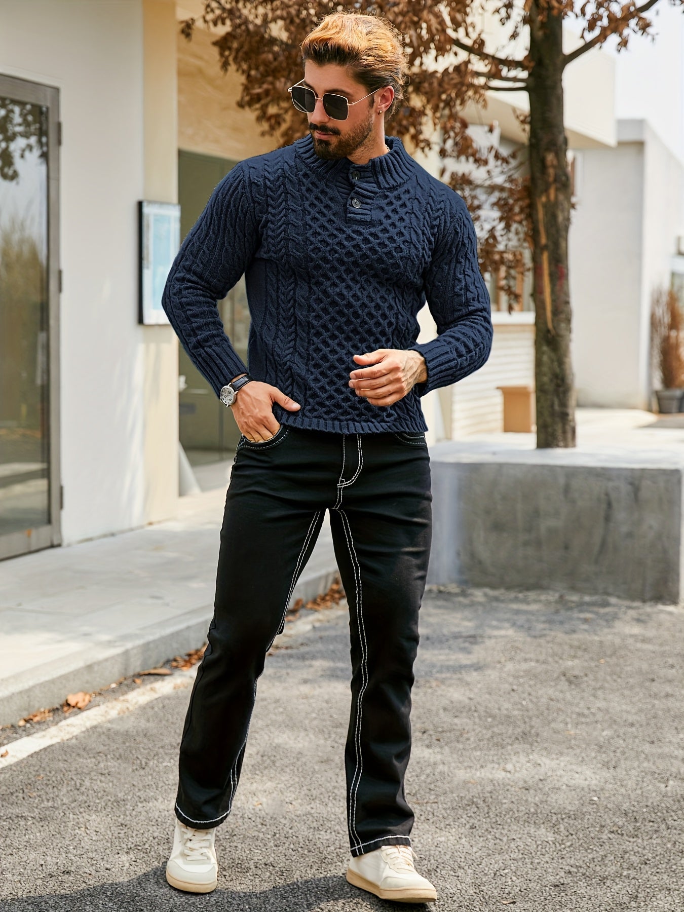 Men's Thermal Stand Collar Cable Knit Sweater - Striped H-Shape Regular Fit Pullover, Machine Washable Winter Sweater with Ribbed Detailing for Autumn & Winter, Knit Sweater, Medium Elasticity Fabric