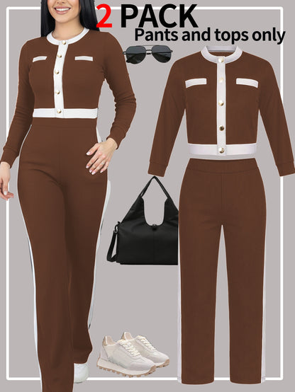 Autumn And Winter Women'S Outfit - Stylish Color-Blocked Fitted Long-Sleeve Top with a Round Neck And Versatile High-Waisted Comfortable Straight-Leg Pants