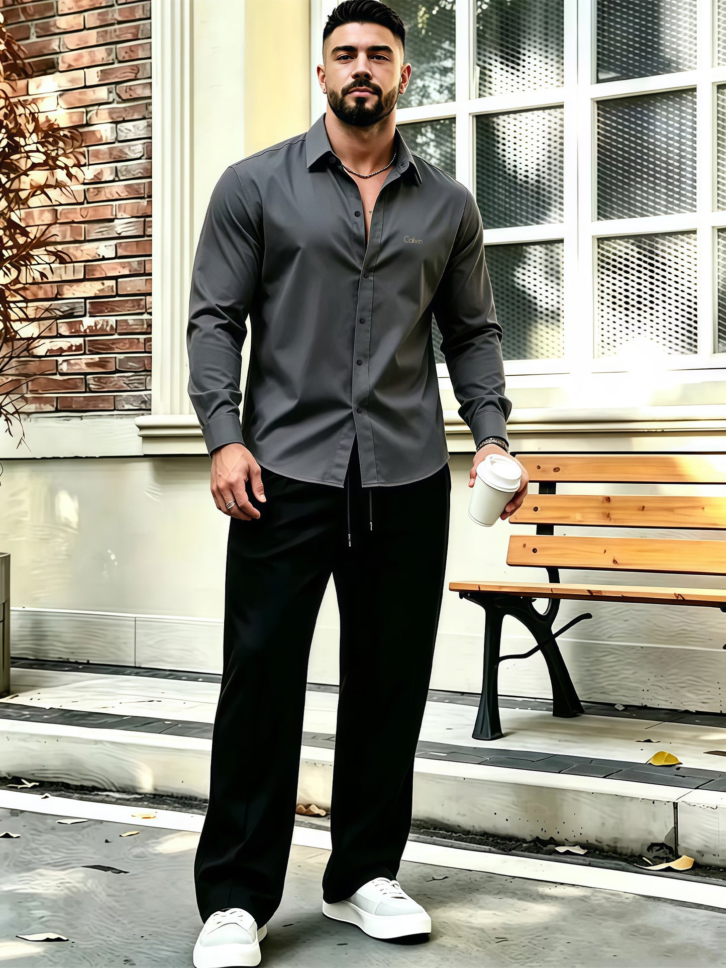 Men's Business Casual Shirt and Trousers Set - Polyester, All Season