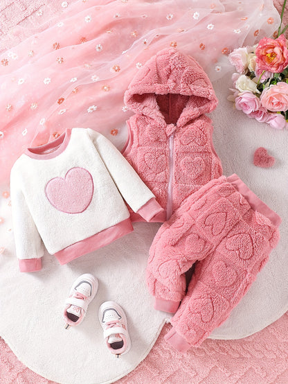3pcs Girls' Baby Fashion Casual Jacquard Heart Plush Hooded Vest and Heart Embroidered Plush Pullover Top and Jacquard Heart Plush Drawstring Pants for Autumn/Winter, Perfect for Outdoor
