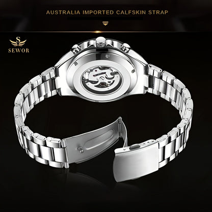 Fashion Statement, Men's Luxury Automatic Mechanical Watch - Elegant Stainless Steel Band, Multi-Function with Sun, Moon, and Stars Display, Transparent Back for Sophisticated Style