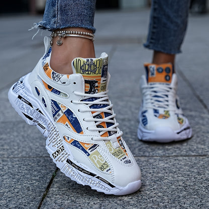 Men'S  Women'S Graffiti Couple Sneakers, All-Season Lightweight Cushioned Running Shoes, Stability Pronation, Cartoon Pattern, MD Sole, EVA Insole, Polyurethane Upper, Fabric Lining