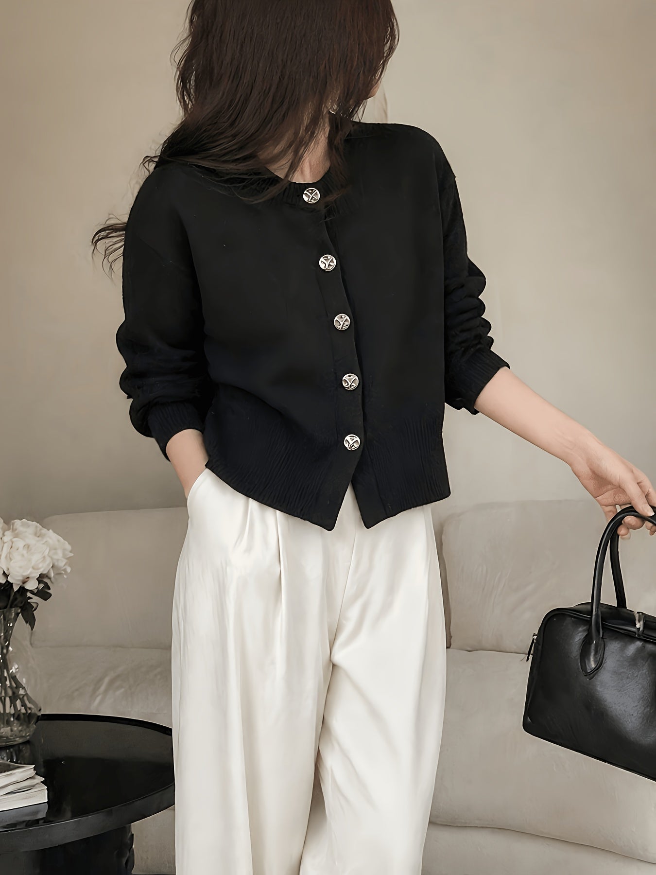 Women's Cozy Viscose Cardigan with Floral Button Detail