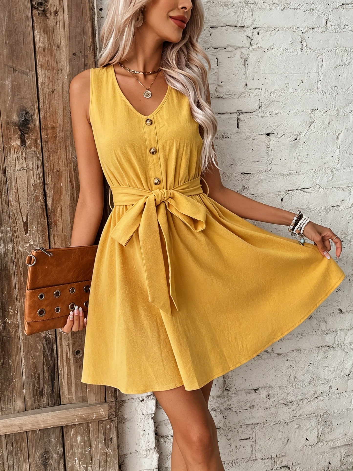 Elegant Sleeveless Apricot Cotton Midi Dress with Belt for Women