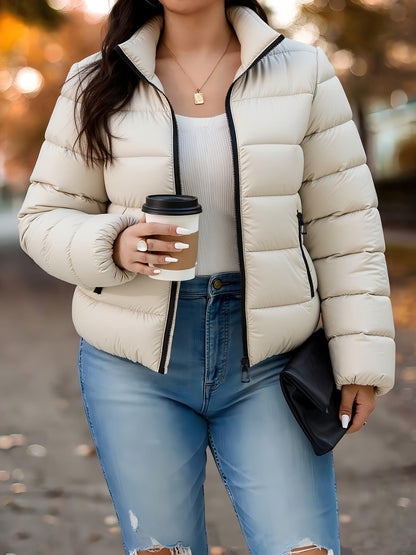 Women's Elegant Winter Warm Full-Zip Jacket with Full-Zip Front Closure, A-Line Silhouette & Stand Collar - Beige/White Coat with Full-Length Zipper, Machine Washable Outerwear for Casual & Formal Events - Cozy Winter Outer J