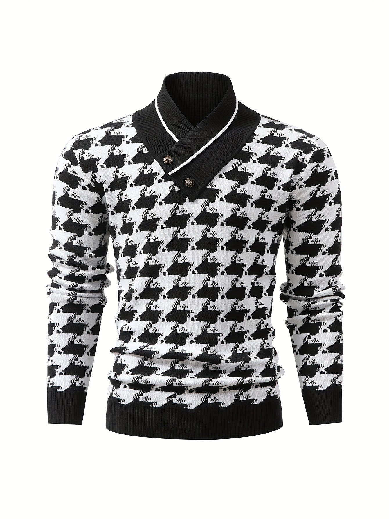 Temujin OBM Men's Fashion New Houndstooth Jacquard Knit Long Sleeve Pullover Sweater