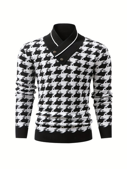 Temujin OBM Men's Fashion New Houndstooth Jacquard Knit Long Sleeve Pullover Sweater