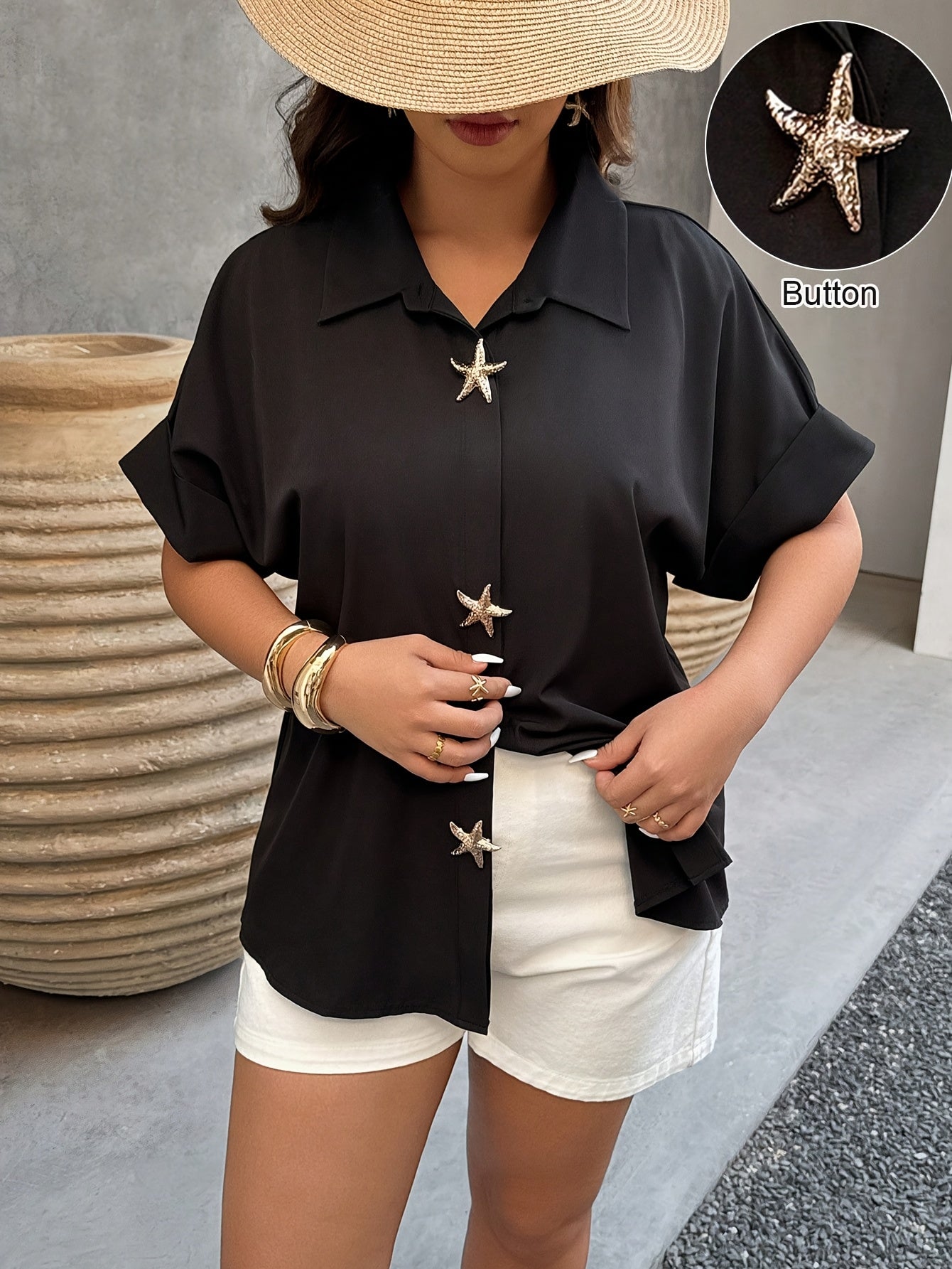 Plus Size Black Shirt with Casual Golden Starfish Buttons