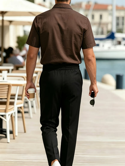 Men's Casual Lapel Short Sleeve Shirt & Elastic Waist Trousers Set