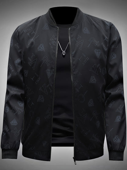 Men's Fashion Bomber Jacket Spring/Fall Collection, Casual Alphabet Print Polyester Jacket with Zipper, Baseball Collar, Long Sleeve, Regular Fit, Non-Stretch Woven Fabric, Casual Outfit with Pocket