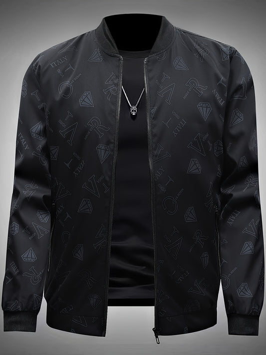 Men's Fashion Bomber Jacket Spring/Fall Collection, Casual Alphabet Print Polyester Jacket with Zipper, Baseball Collar, Long Sleeve, Regular Fit, Non-Stretch Woven Fabric, Casual Outfit with Pocket