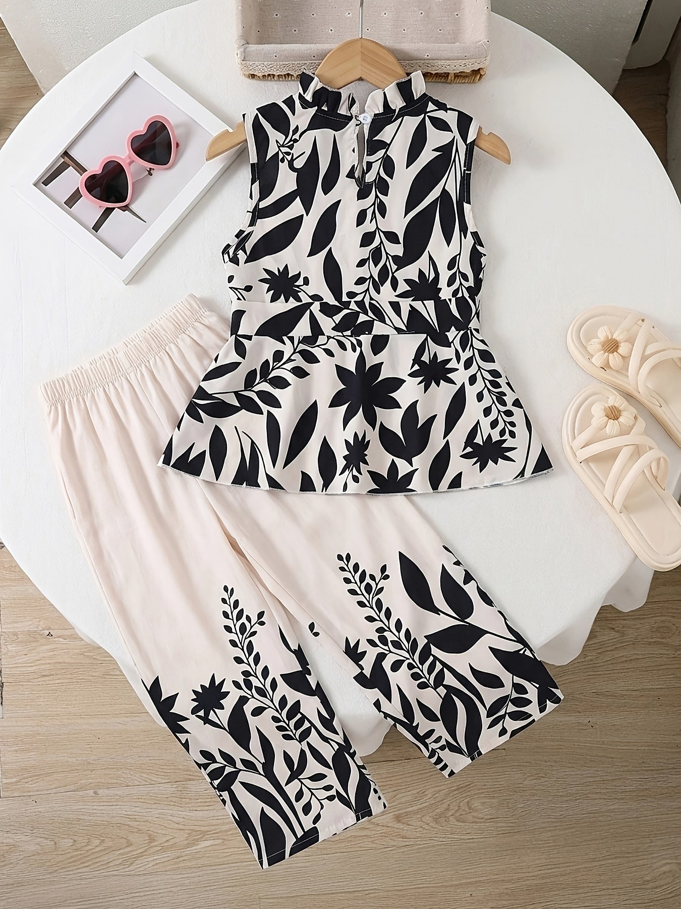 Girls' Elegant Leaf Print Sleeveless Top & Wide-Leg Pants Set