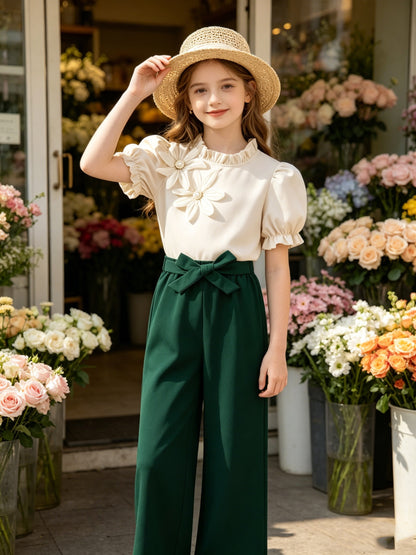 Girls' Casual 2-Piece Short Sleeve Top & Wide-Leg Pants Set