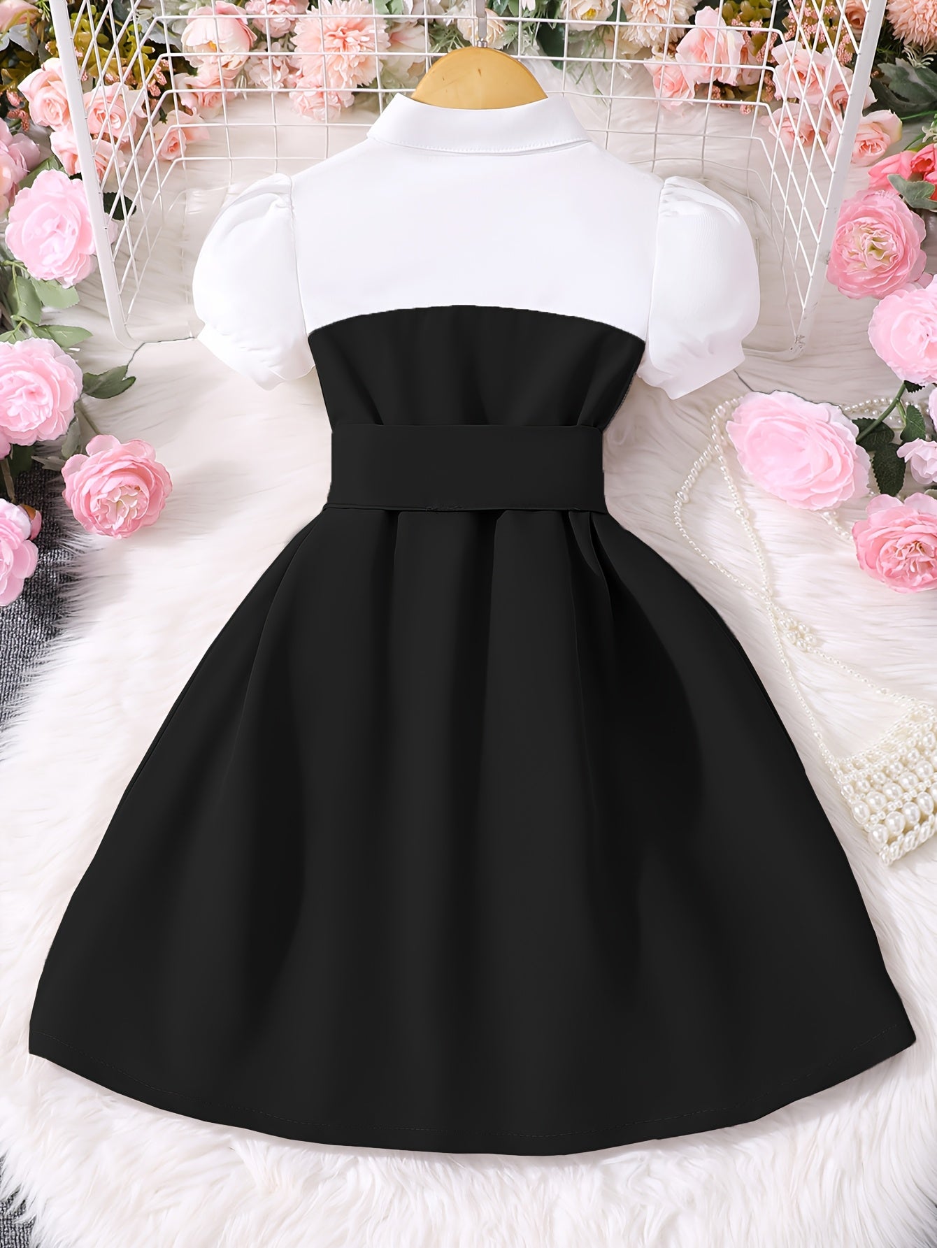Preppy Black & White Color-Block Girls' Knee-Length Dress