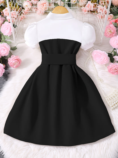 Girls' Preppy Black & White Color-Block A-Line Dress with Belt