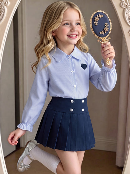 Girls Preppy Striped Collar Shirt & Pleated Skirt Set