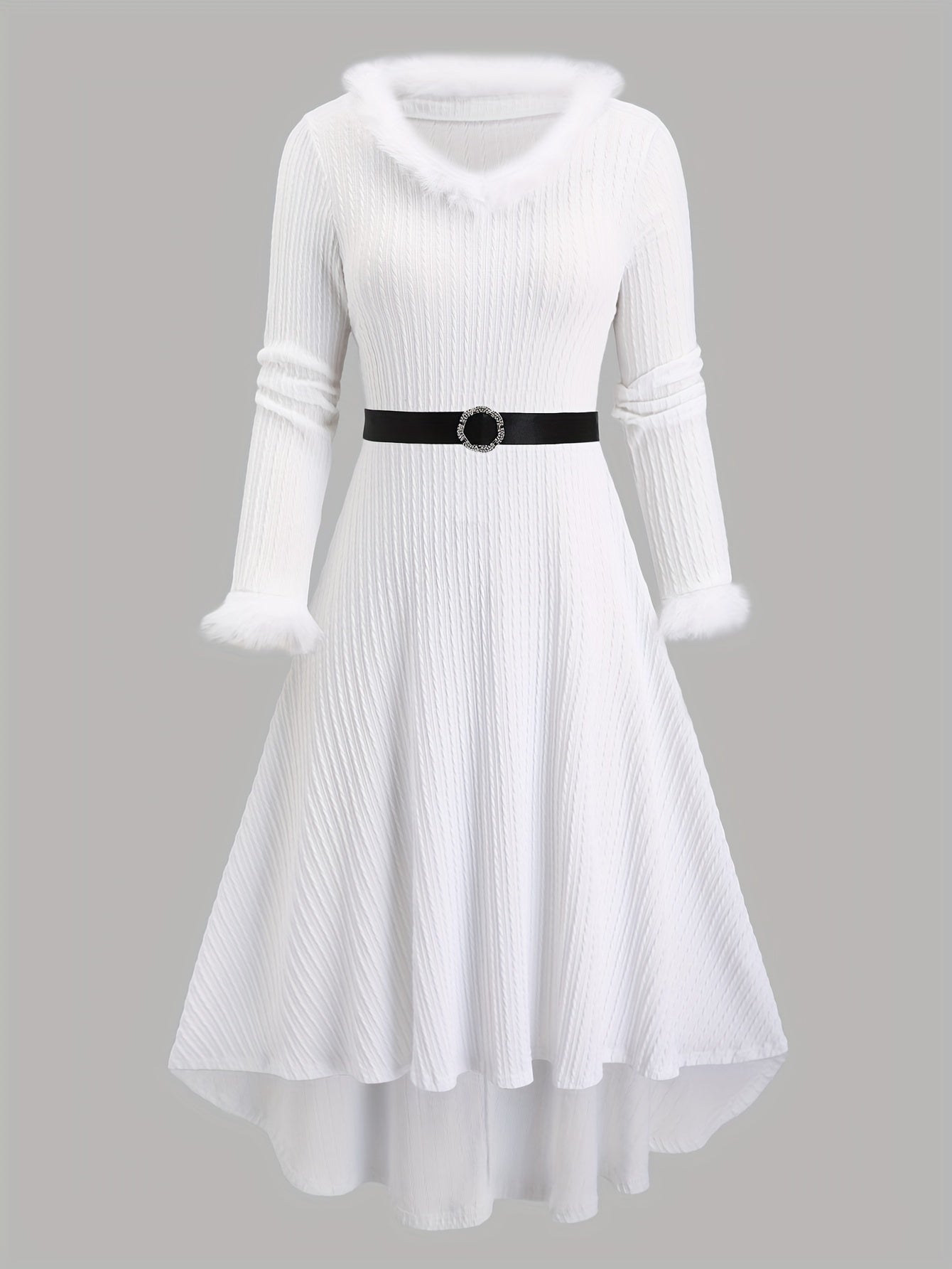 Plus Size - Plus Size, Women'S Elegant Formal Party Dress - Long Sleeve V-Neck with Adjustable Waist Belt, Flared Skirt - Elegant Evening Gown for Christmas, Galas, Weddings - Plus Size Friendly - Black Formal Attire, Formal