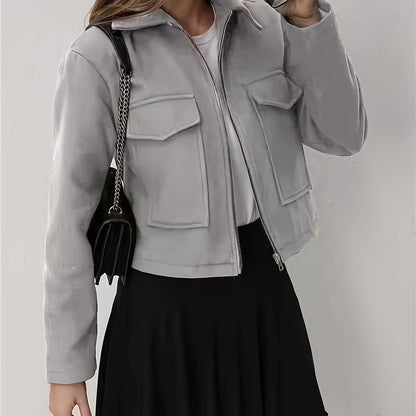 Women'S Olive Green Bomber Jacket with Zipper Front, Long Sleeves, and Pockets - Casual Style, All-Season Wear, Polyester Blend, Machine Washable, Casual Outerwear | Zippered Jacket | Polyester Blend Jacket, High Neck Hoodie/