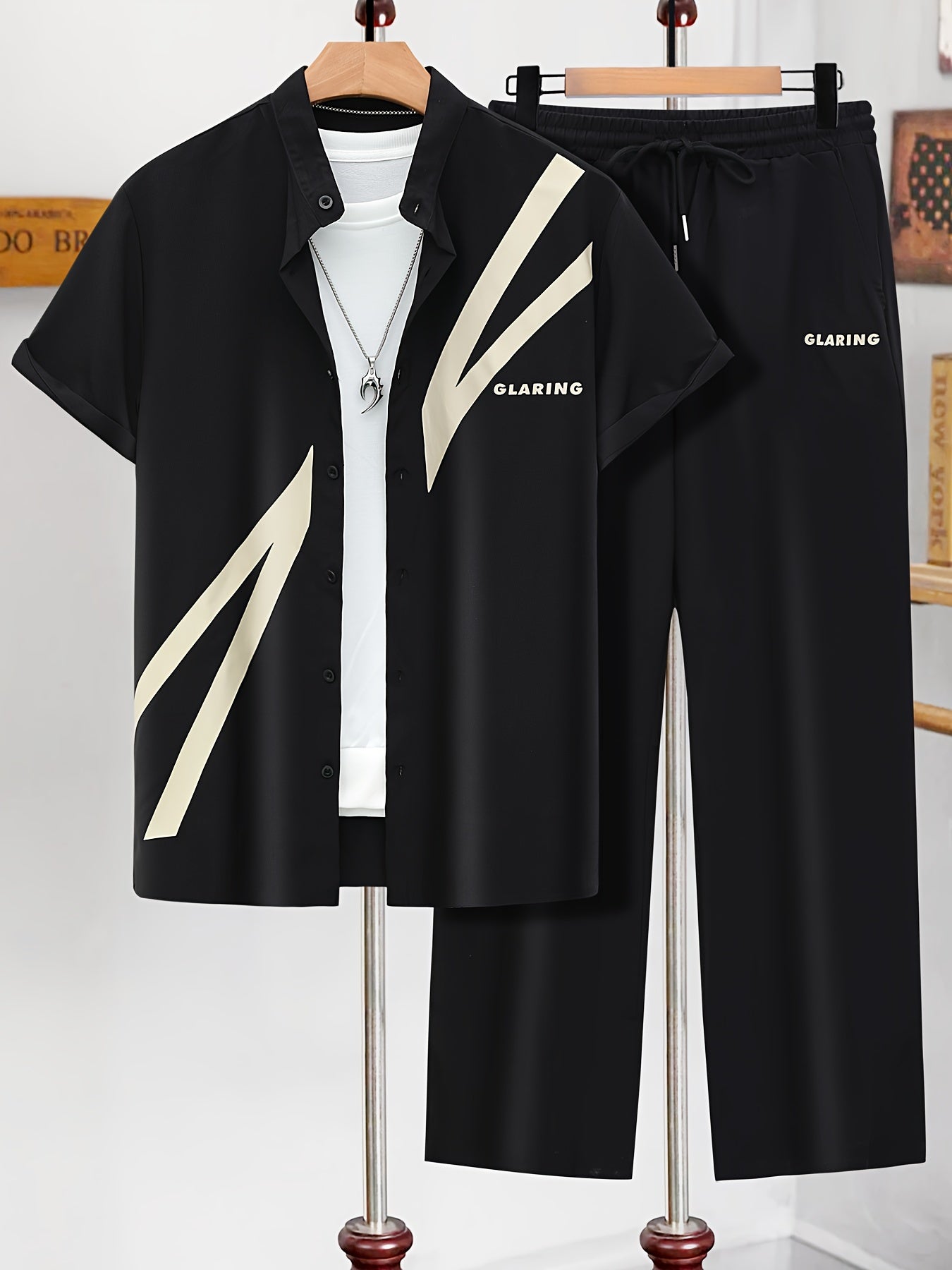 Men'S Casual Summer Short Sleeve Shirt & Pants Set - Black with White Geometric Print, Button-Up Collared Shirt & Loose Fit Pants, Non-Stretch Fabric, Perfect for Spring/Fall, Spring Summer Outfit | Geometric Print Shirt | Bu