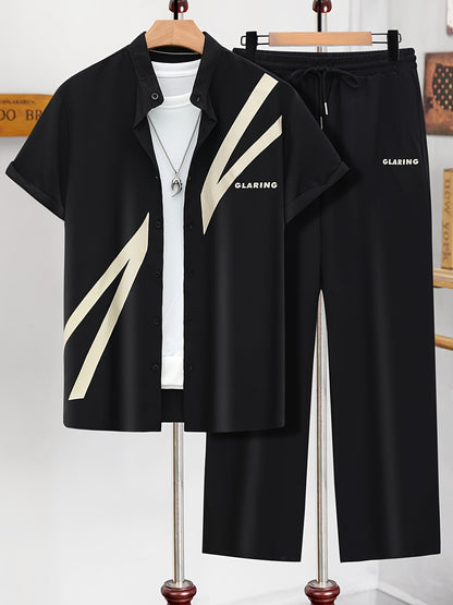 Men'S Casual Summer Short Sleeve Shirt & Pants Set - Black with White Geometric Print, Button-Up Collared Shirt & Loose Fit Pants, Non-Stretch Fabric, Perfect for Spring/Fall, Spring Summer Outfit | Geometric Print Shirt | Bu