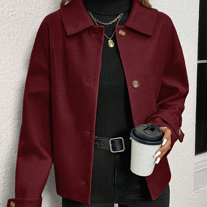 Women'S Burgundy Coat - Structured H-Silhouette Blazer, Button-Front Closure, Non-Stretch Fabric for Fall/Winter, Office, Party, Everyday Outfits - Chic Outerwear Jacket, Party Attire, Asymmetric Hemline, Elegant Design