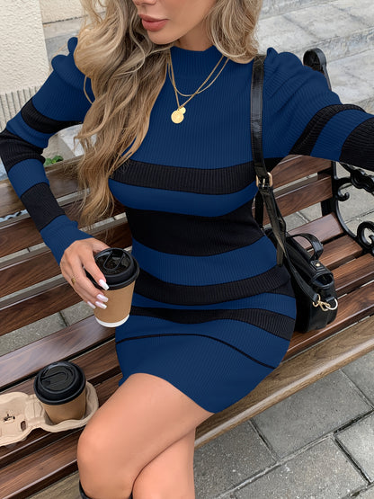 Elegant Winter Short Smock Dress with Poinçon d'Asymétrie Asymmetric Striped Sleeves - High Neck H-Line Figure-Hugging Dress, Knee-Length Short for Fall/Winter Parties, Weddings & Special Occasions (Non-)