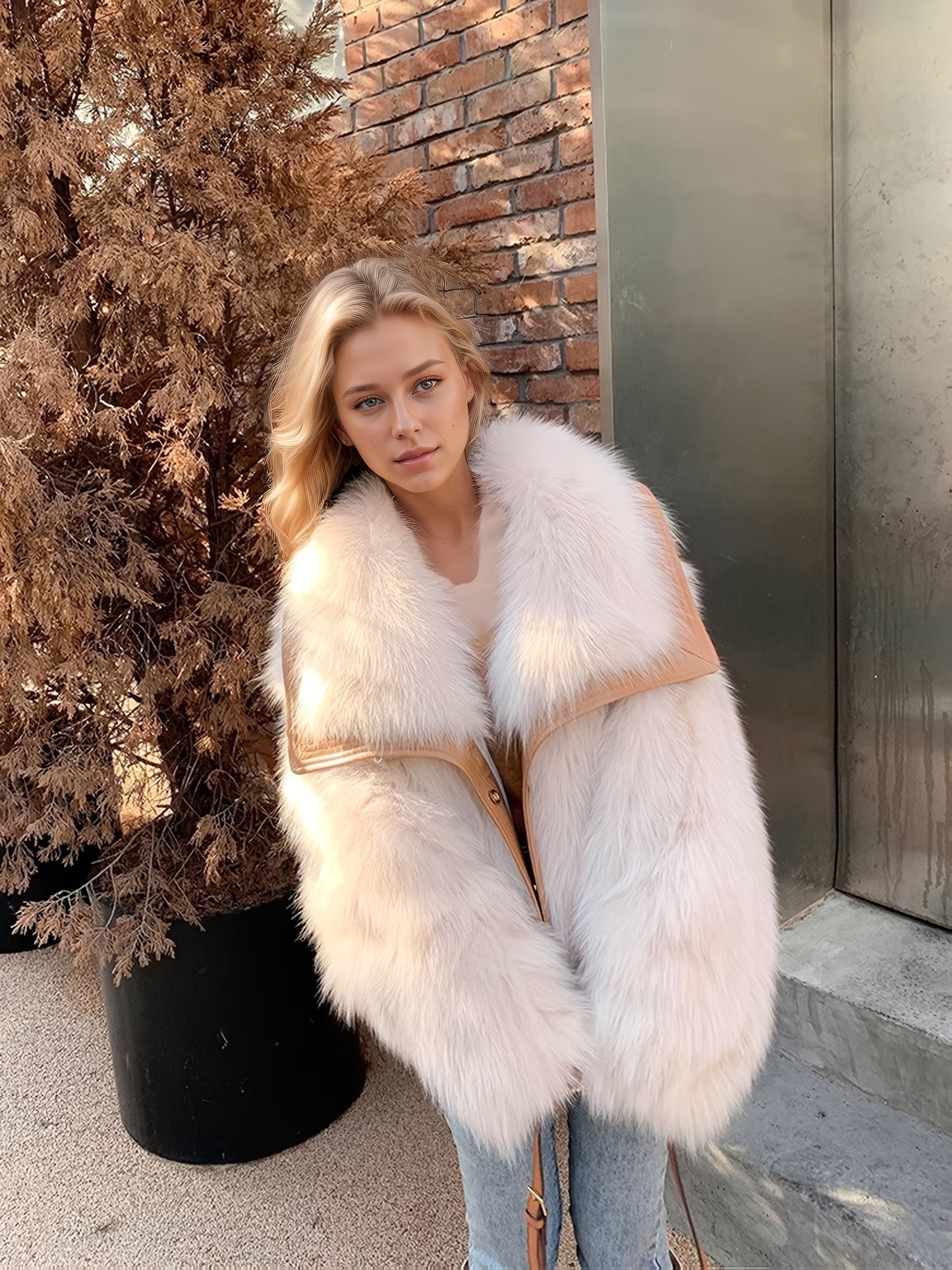 Women'S Elegant Fox Fur-like Plush Jacket - Winter Coat with Large Lapel Collar, Thick Warm Outerwear, Loose Fit H-Silhouette, No Belt Needed, for Everyday & Formal Events - Luxury Cold Weather Jacket, Ladies Winter Coats, Se