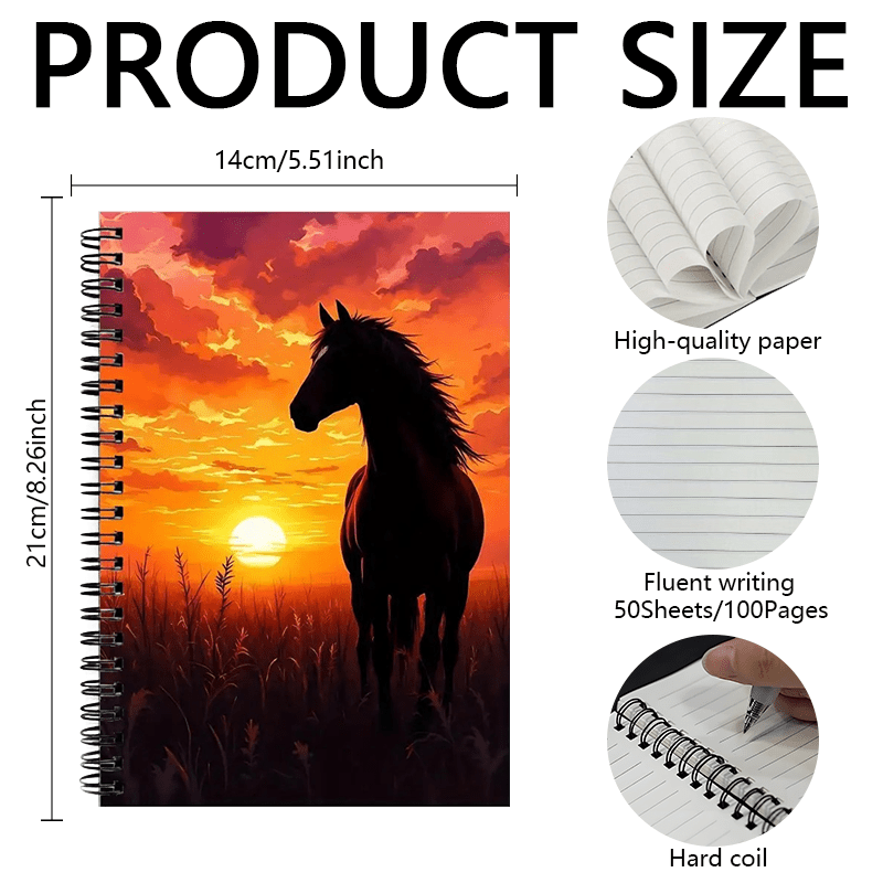 Sunset Horse Spiral Notebook - College Grid Design, High-Quality Paper Suitable for Office, School & Art Notes - Perfect Gift for Friends, Teachers, Students, Sisters & Brothers, Horse Theme with Serene Patterns and Artistic