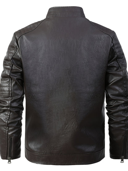 Slim Fit PU Stand Collar Motorcycle Jacket for Adults
