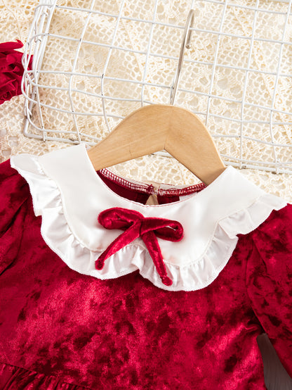 Girls' Elegant Dress with Bow Detail - Cozy Loose Fit Long Sleeve Party Dress for Christmas, New Year'S & Winter Events, Perfect Gift for Youngsters, Christmas Dresses for Girls, Festive Youngsters'S Attire, Soft Texture Appa