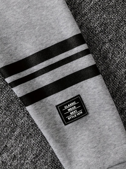 DONABEBE Boys' 2pcs Winter Jacket & Pants Set - Full-Zip Hooded Coat with Striped Sleeves & Matching Pants, Thick Outfit for &, Soft Warm Casual Playwear (Grey/Black) - Hand Washable 2pcs Clothing, Perfect for Outdoor