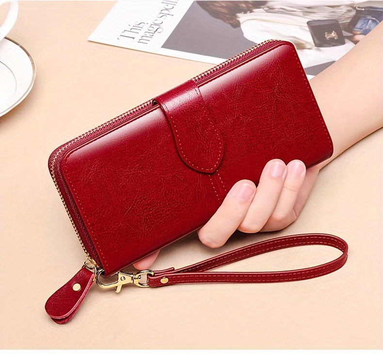 Two-Layer Cowhide Leather Clutch Wallet for Men & Women, Casual Large Capacity RFID Blocking Zippered Hand Purse with Transparent ID Slot and Anti-Theft Brush, Versatile for Going Out