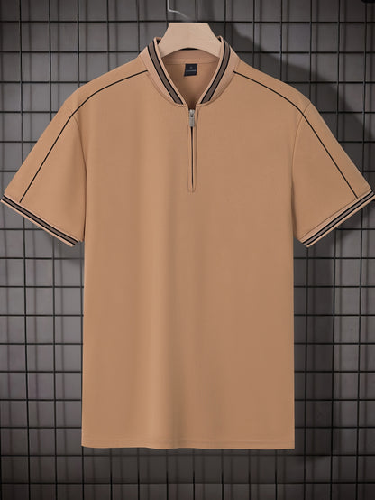 [T-Shirt] Men's Summer Casual Short Sleeve T-Shirt - Breathable Mesh Crew Neck Henley Style Zip Placket, Breathable Fabric, Dry Cleanable Regular Fit Outdoor & Casual Attire, Loose Style, Zip Front Design, Easy Care, Zip Shir - ayq