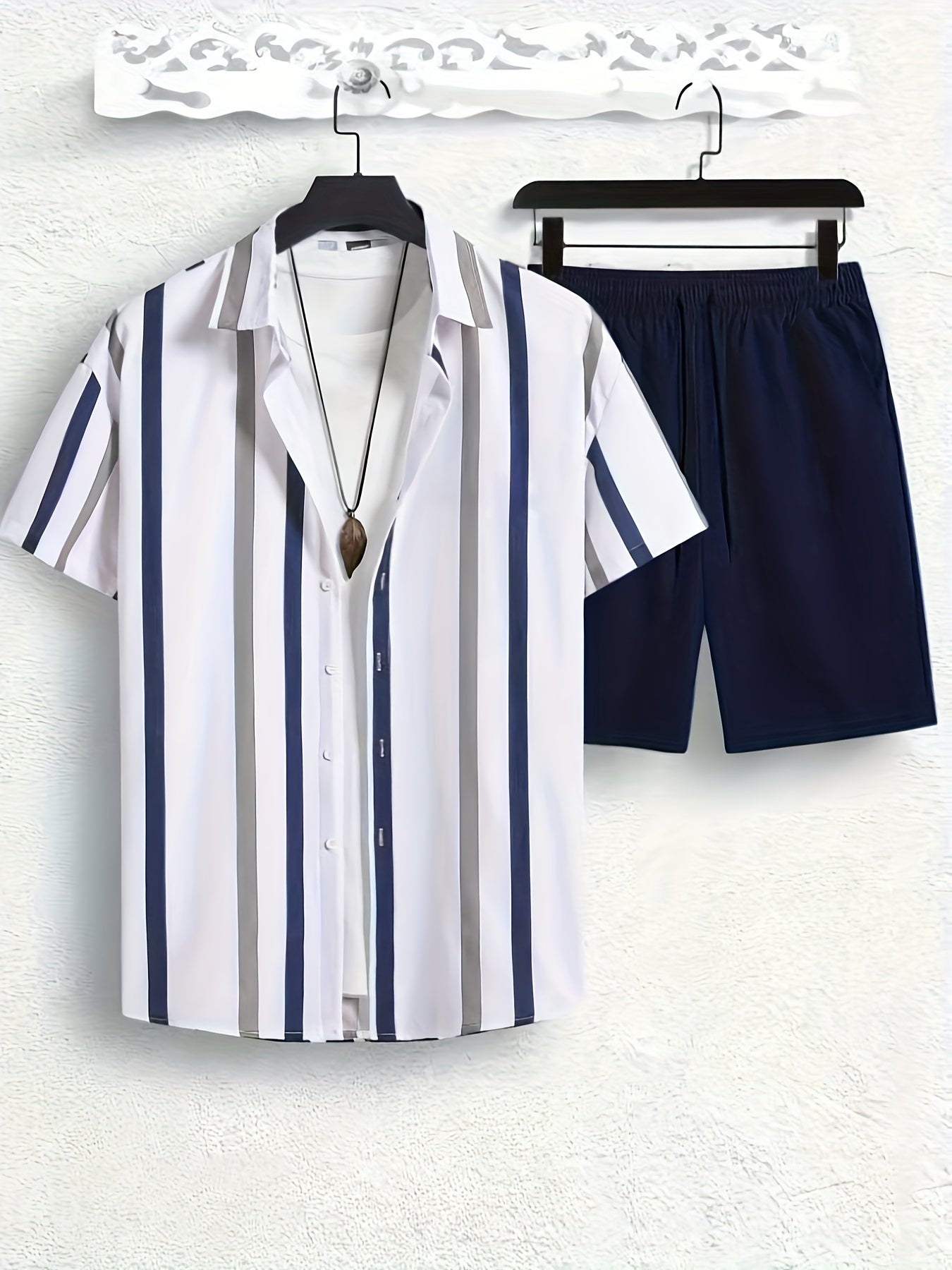 Men's Summer Casual Set: Striped Short-Sleeve Shirt & Beach Shorts