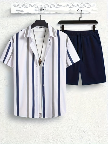 Men's Summer Casual Set: Striped Short-Sleeve Shirt & Beach Shorts