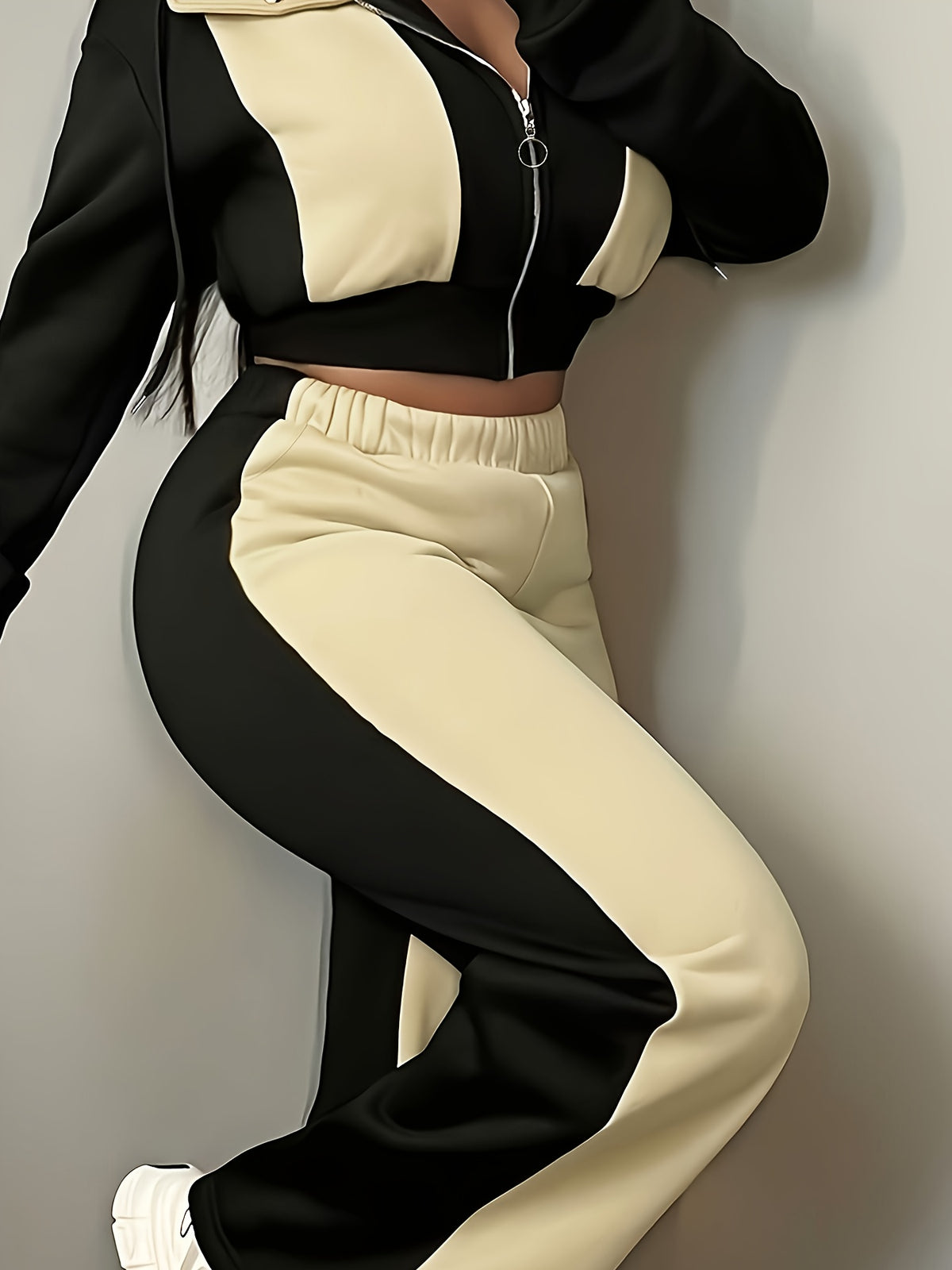 Women’s Color Block Hooded Sweatshirt and Pants Set for Fall-Winter - ayq