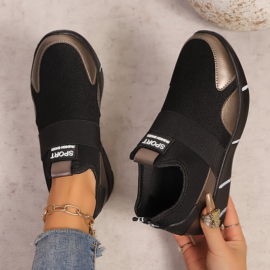 Women's Slip-On Sneakers - Lightweight Knit Upper, Breathable Design, Comfortable Casual Shoes with Strap, Black  Golden Accents, Round Toe for All-Day Wear, Sporty Sneakers   Round Toe Shoes   Flexible Sole, Ladies Sneakers