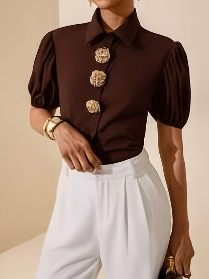 Women's Elegant Solid Color Puff Sleeve Shirt with Metal Buttons