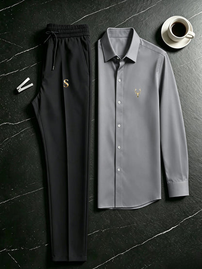 Men's Casual Long Sleeve Shirt & Drawstring Pants Set