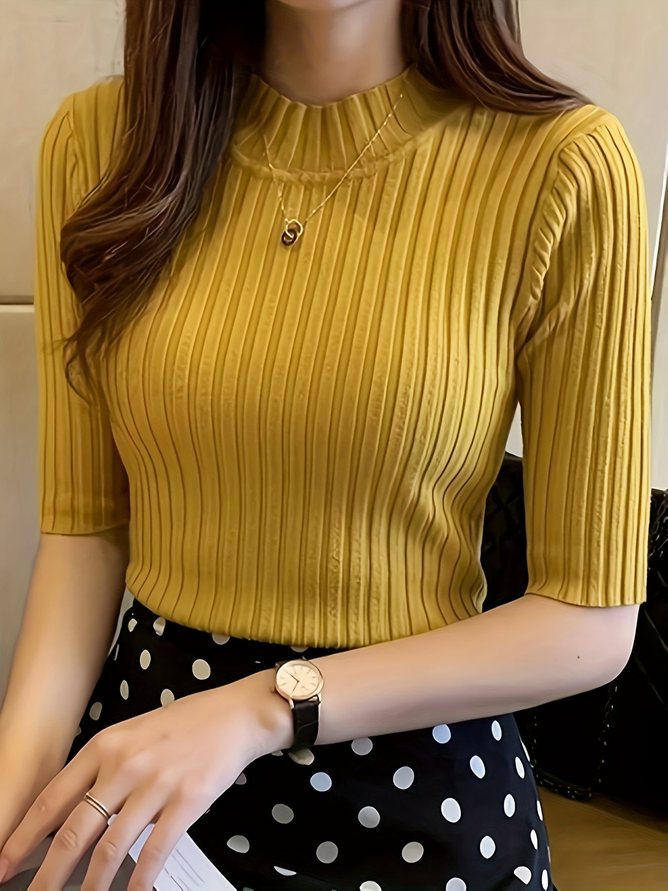 Women's Elegant Solid Color Ribbed Pullover Top - Short Sleeve Regular Fit Machine-Washable All-Season Versatile Blouse for Casual & Formal Wear