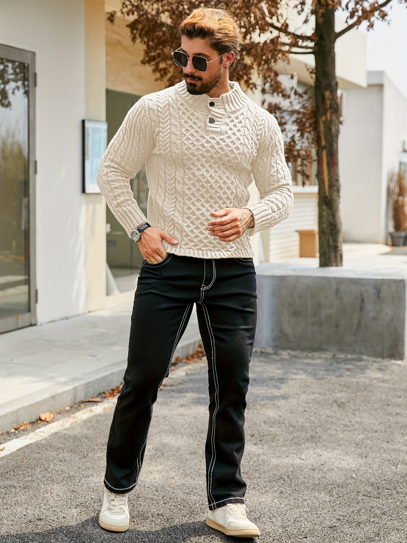 Men's Thermal Stand Collar Cable Knit Sweater - Striped H-Shape Regular Fit Pullover, Machine Washable Winter Sweater with Ribbed Detailing for Autumn & Winter, Knit Sweater, Medium Elasticity Fabric