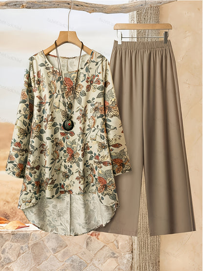 Women's Fashion Set with Floral Print Top and Khaki Pants