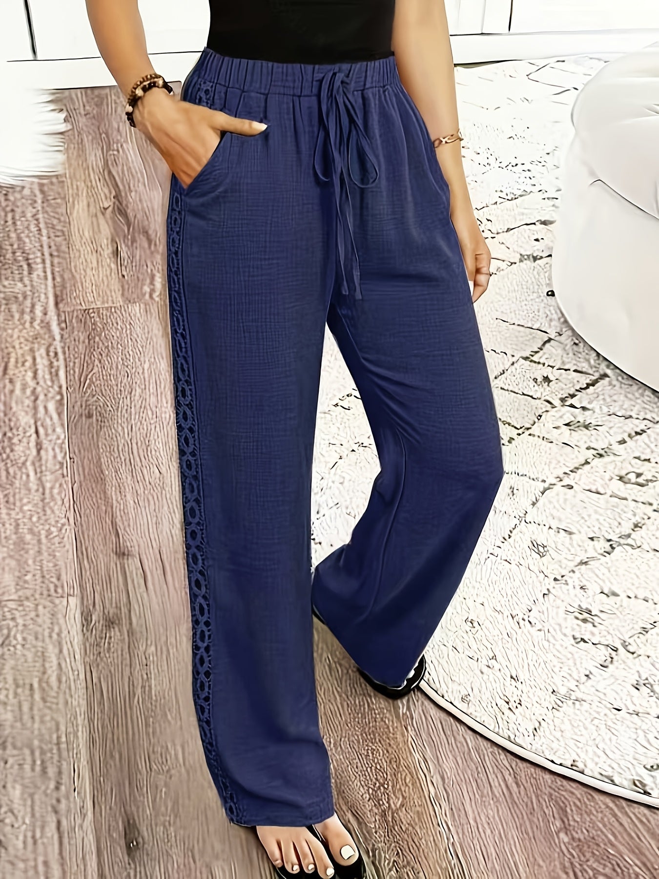 Women's Casual Straight Leg Polyester Trousers with Ruffle Detail